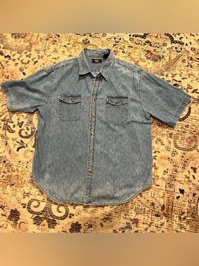 Route 66 Light Blue Denim Button-Up Shirt, 100% Cotton, Size L